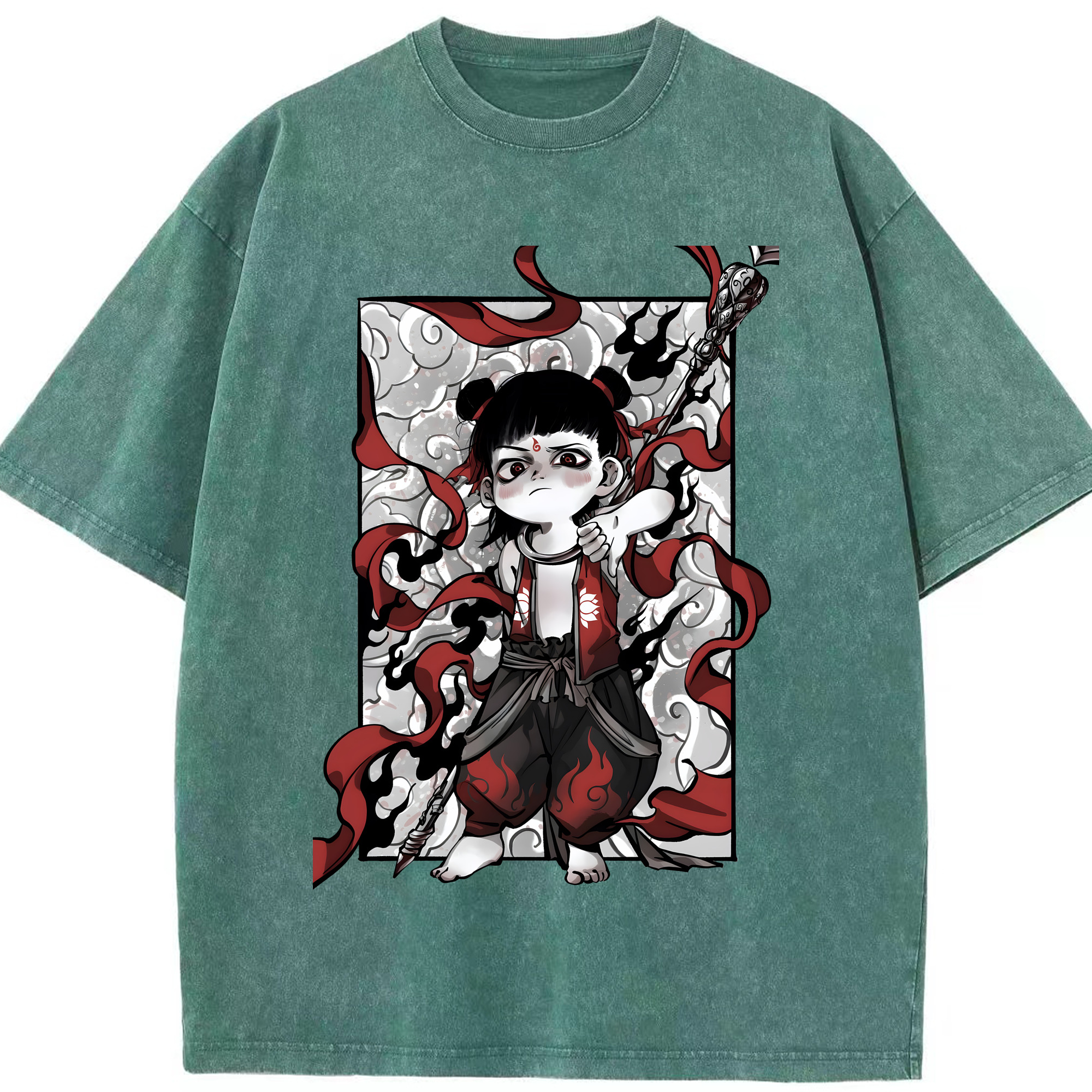 （画像用） Ne Zha 2 ナタ 魔童の大暴れ 綿100% ヴィンテージ風 半袖Tシャツ（フロントプリント）